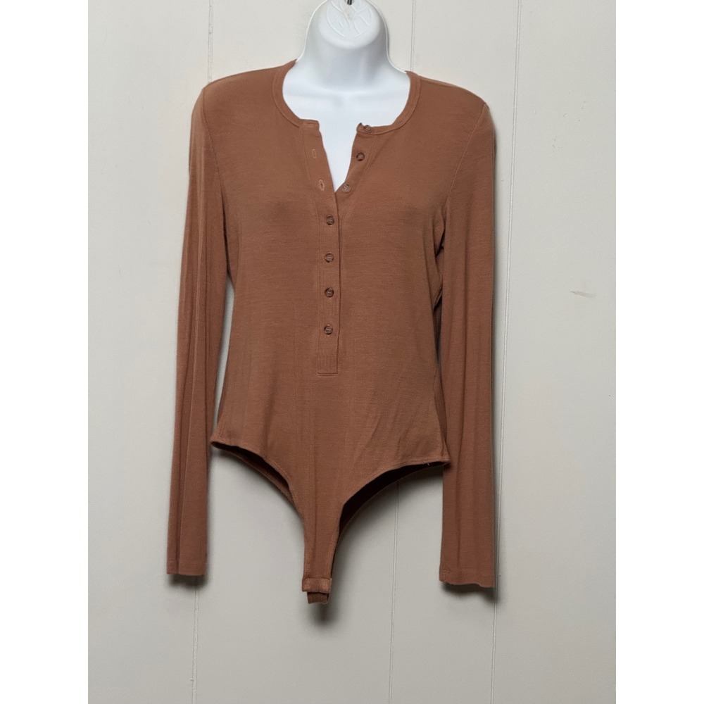 Betro Simone Women's Brown Ribbed Henley Long Sleeve Bodysuit Made in USA Size L